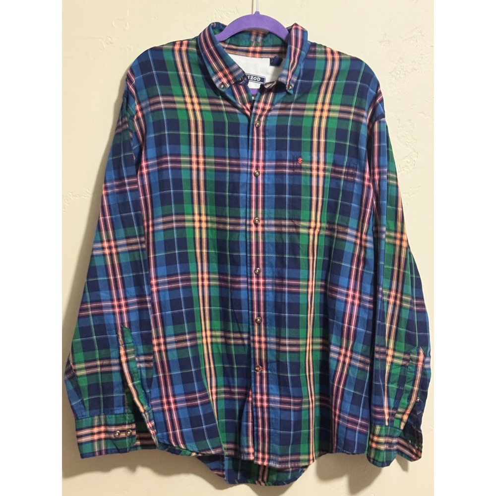 IZOD Plaid Flannel Shirt Mens XL Blue Green Orange Button Down Long w/ Pocket